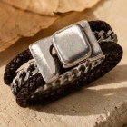 Black Biker Leather Silver Bracelet