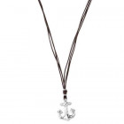 Long Leather Necklace Silver Anchor