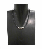 Collier Cuir Noir Perles Argentées